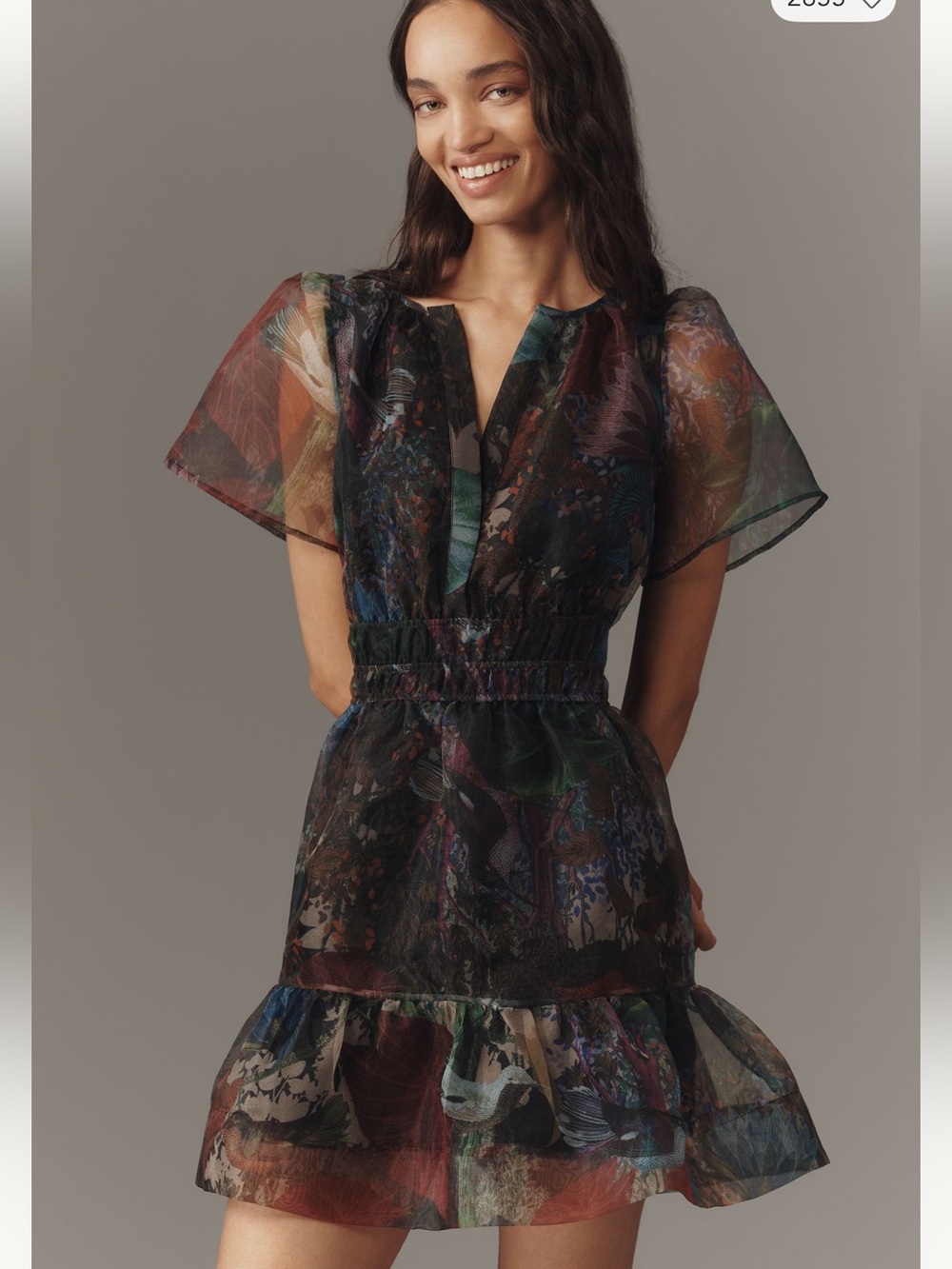 Anthropologie NWOT Sheer Floral Overlay Flutter Sleeve Mini Dress Size M